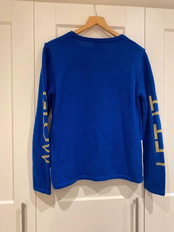 Blue Christmas Jumper Reindeer Tree Sequin Festive Knit UK 12–14