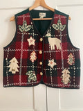 Vintage TanTrums Christmas Waistcoat XL Tartan Reindeer Trees Festive Gilet