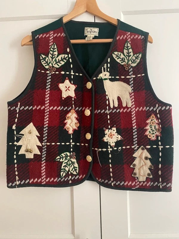 Vintage TanTrums Christmas Waistcoat XL Tartan Reindeer Trees Festive Gilet