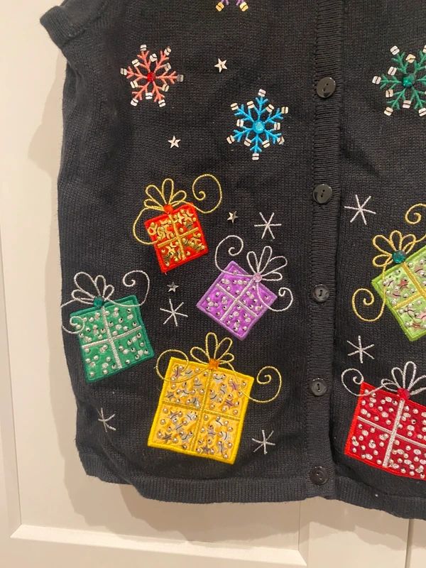 Christmas Embroidered Vest Cardigan Black Sequin Gift Snowflake Size M (UK 10-12)