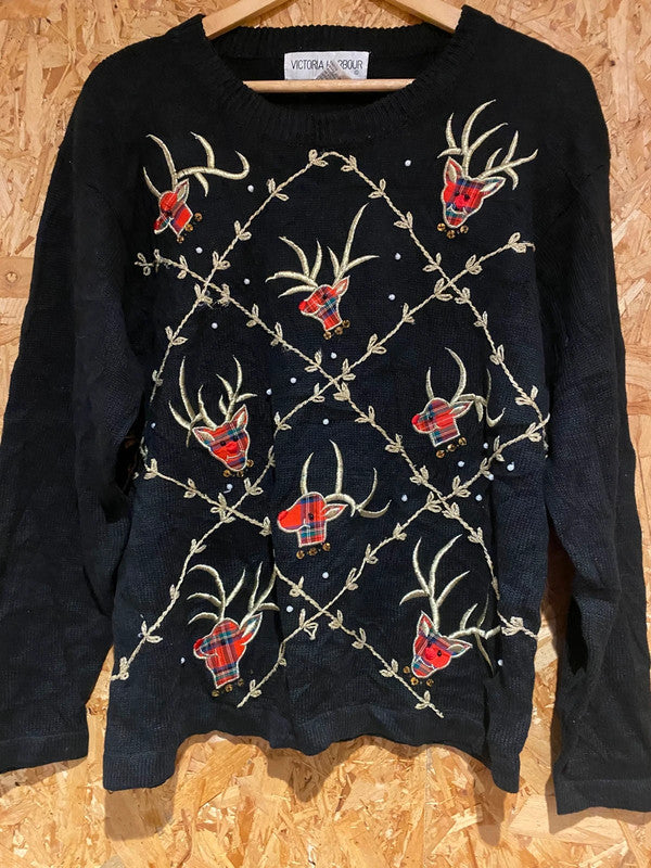 Victoria Harbour Vintage Christmas Jumper – Black Tartan Reindeer (XL)