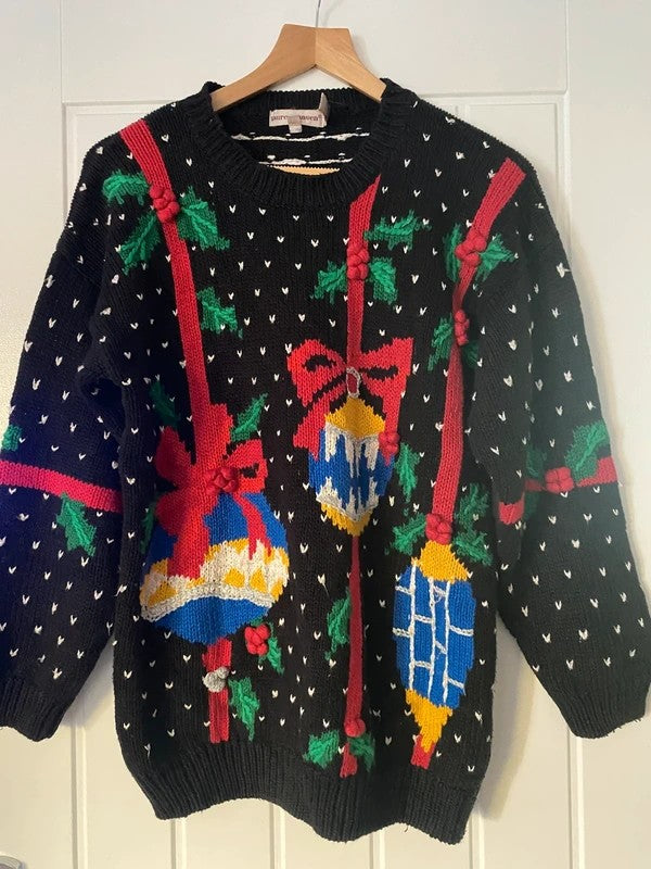 Vintage Lauren Hansen Christmas Jumper Medium 3D Baubles Festive Knit