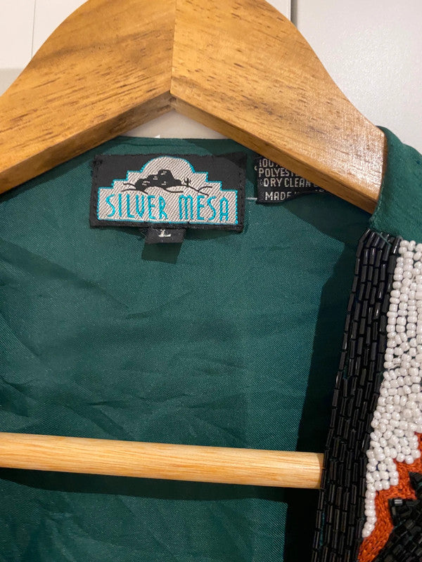 Vintage Silver Mesa Beaded Embellished Waistcoat Vest Green Size L