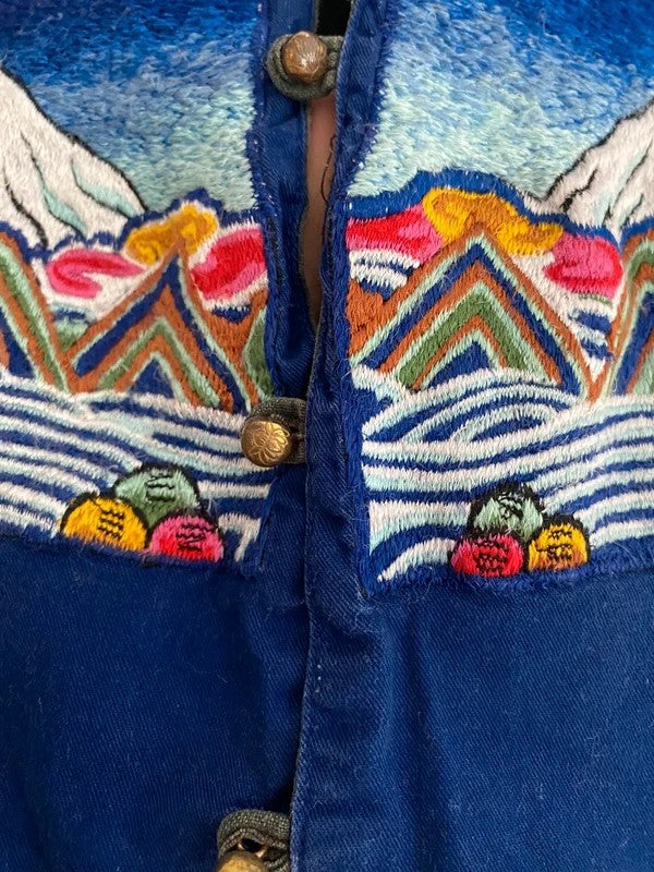 Vintage The Daily Planet Embroidered Mountain Waistcoat Gilet Blue Boho Festival