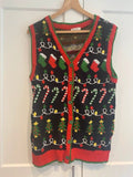 Vintage Christmas Knit Vest Tank Top Candy Cane Tree Stocking Large L