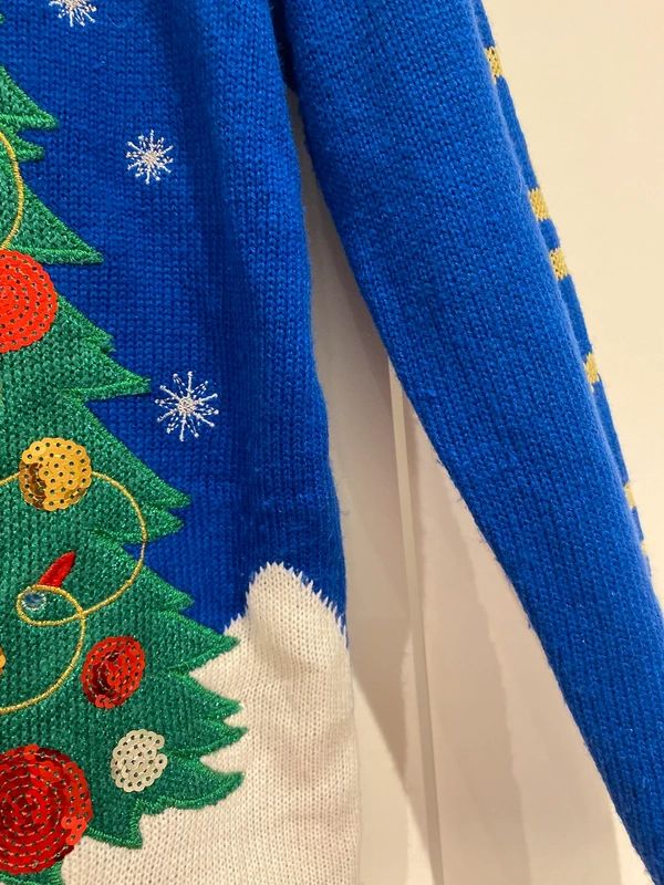 Blue Christmas Jumper Reindeer Tree Sequin Festive Knit UK 12–14