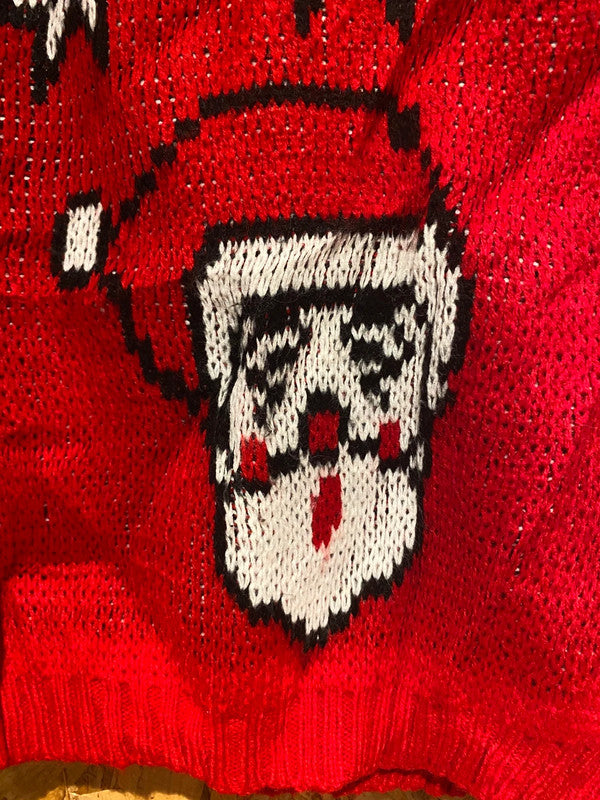 Vintage Croquet Club Red Christmas Sweater – Santa & Reindeer Knit – Size S