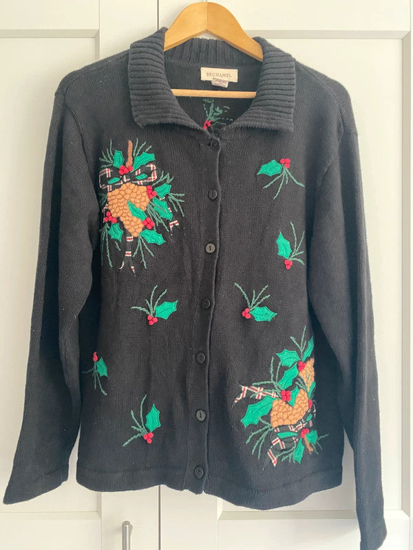 Vintage Bechamel Christmas Embroidered Cardigan – Black, Size M