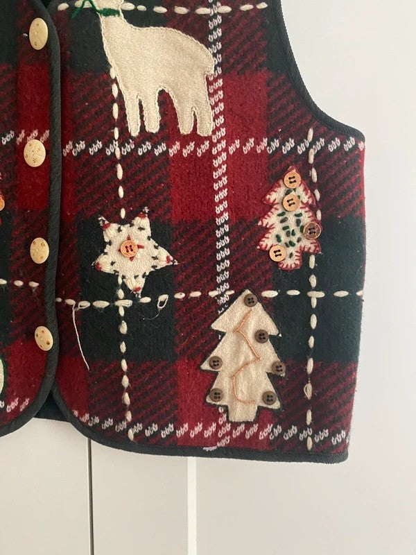 Vintage TanTrums Christmas Waistcoat XL Tartan Reindeer Trees Festive Gilet