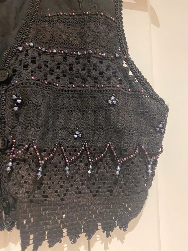 Vintage JouJou Black Beaded Crochet Waistcoat Boho Festival Vest UK 8