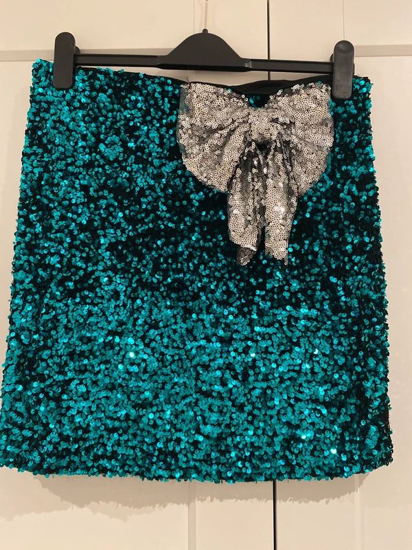 Sequin Mini Skirt XL Teal Green Sparkly Party Skirt Silver Bow Waist Glam