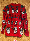Vintage Croquet Club Red Christmas Sweater – Santa & Reindeer Knit – Size S