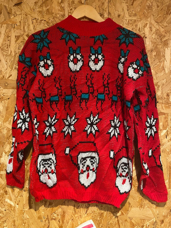 Vintage Croquet Club Red Christmas Sweater – Santa & Reindeer Knit – Size S