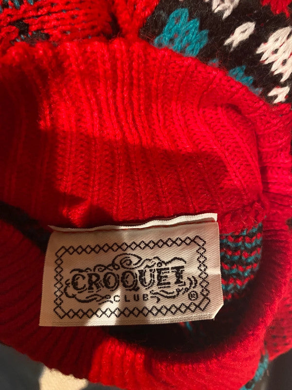 Vintage Croquet Club Red Christmas Sweater – Santa & Reindeer Knit – Size S