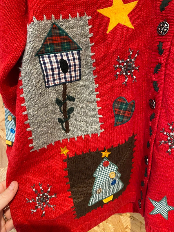 Vintage Lord & Taylor Christmas Sweater – Red Patchwork Appliqué – Size M