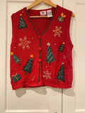 Vintage Christmas Vest Red Knit Nutcracker Xmas Trees Medium