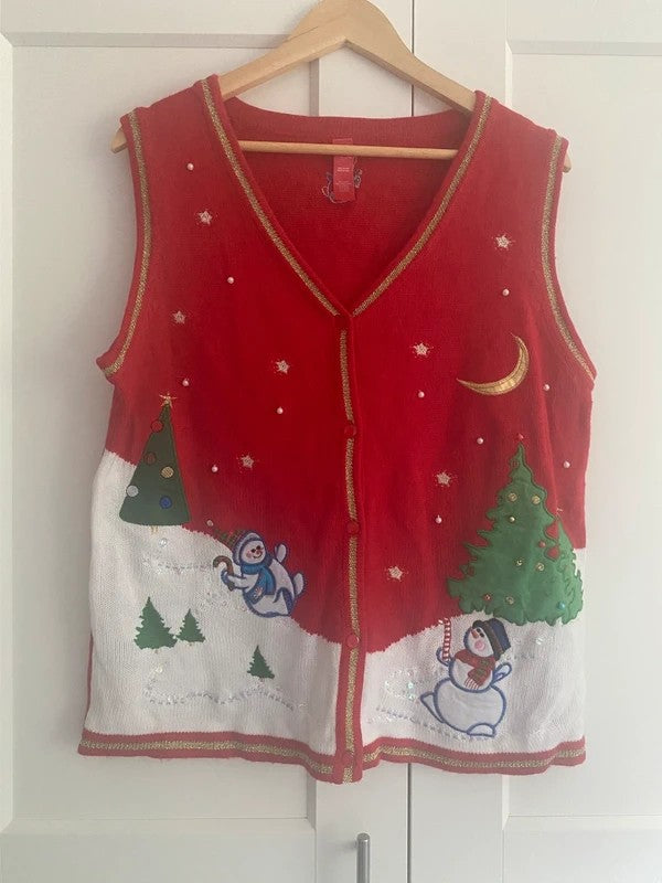 Vintage Christmas Jumper Waistcoat Cardigan Red Snowman Tree L/XL UK 16