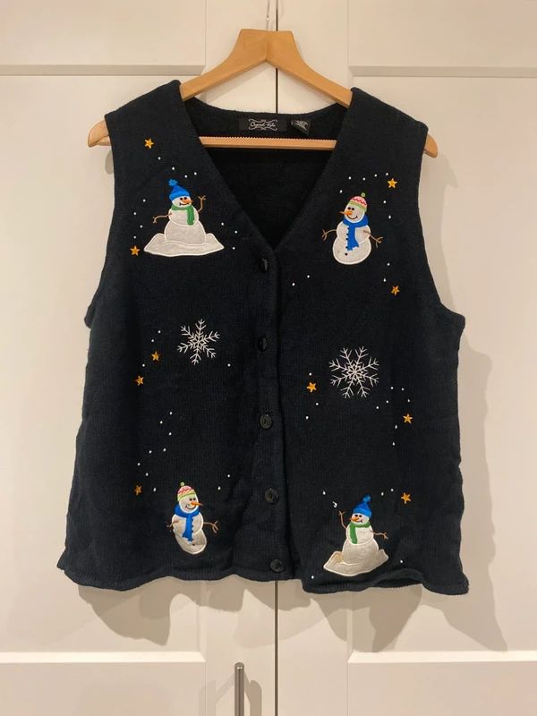 Christmas Snowman Knit Waistcoat Vest Black Festive UK 16/18