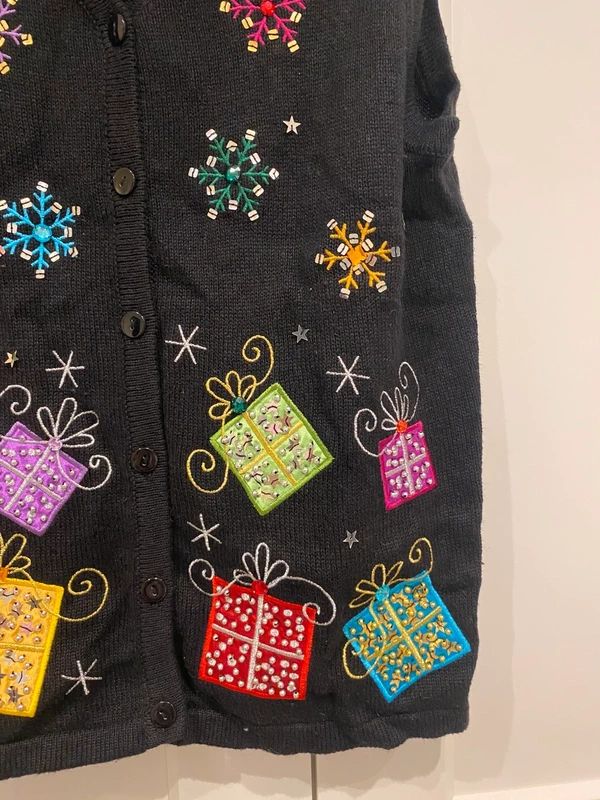 Christmas Embroidered Vest Cardigan Black Sequin Gift Snowflake Size M (UK 10-12)