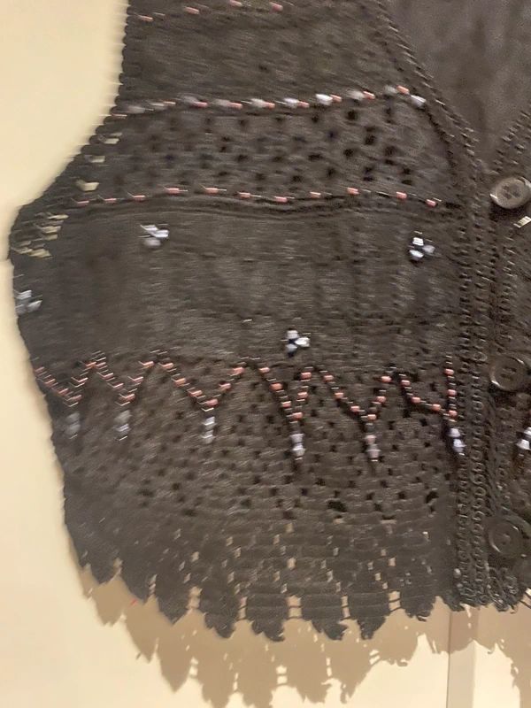 Vintage JouJou Black Beaded Crochet Waistcoat Boho Festival Vest UK 8