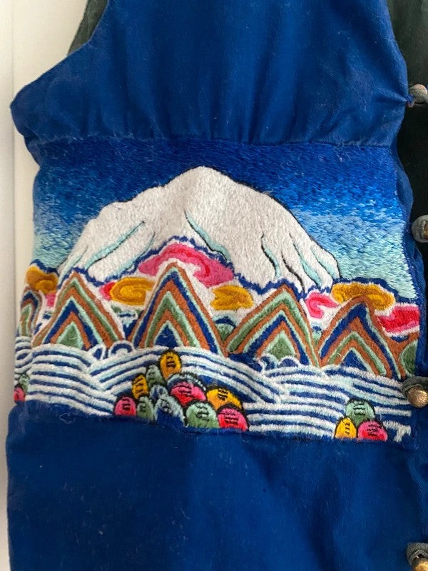 Vintage The Daily Planet Embroidered Mountain Waistcoat Gilet Blue Boho Festival
