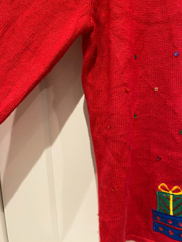 Tiara International Christmas Cardigan – Red Snowman Embroidered Sequin Sweater (Size L)