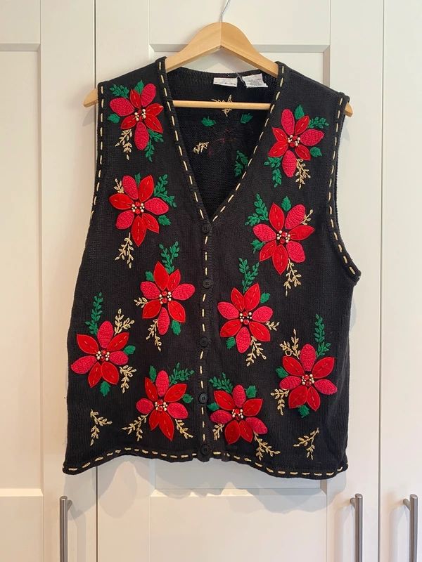 Vintage Bobbie Brooks Christmas Poinsettia Knit Vest Large 12/14 Holiday Sweater