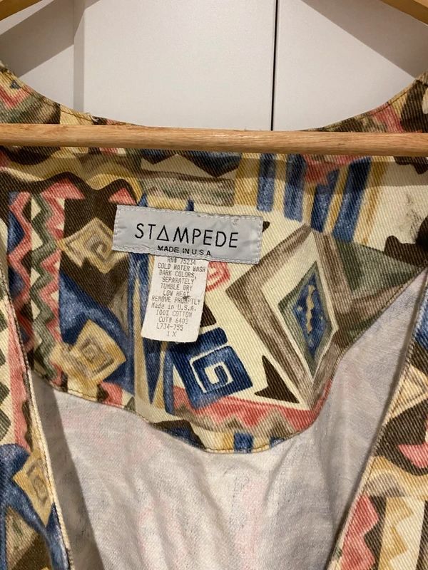 Vintage Stampede Pattern Waistcoat Vest Tie Back Size L