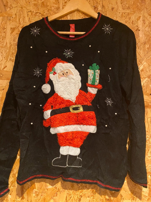 Women’s Santa Christmas Jumper – Black with 3D Appliqué – Size M