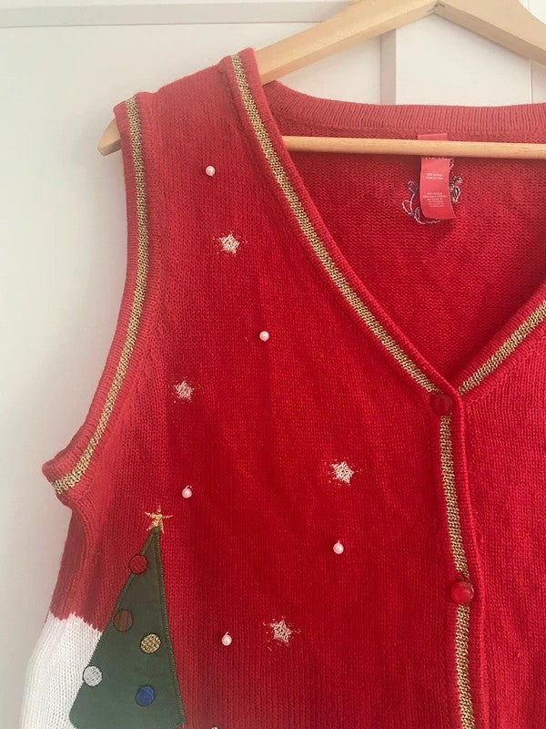 Vintage Christmas Jumper Waistcoat Cardigan Red Snowman Tree L/XL UK 16