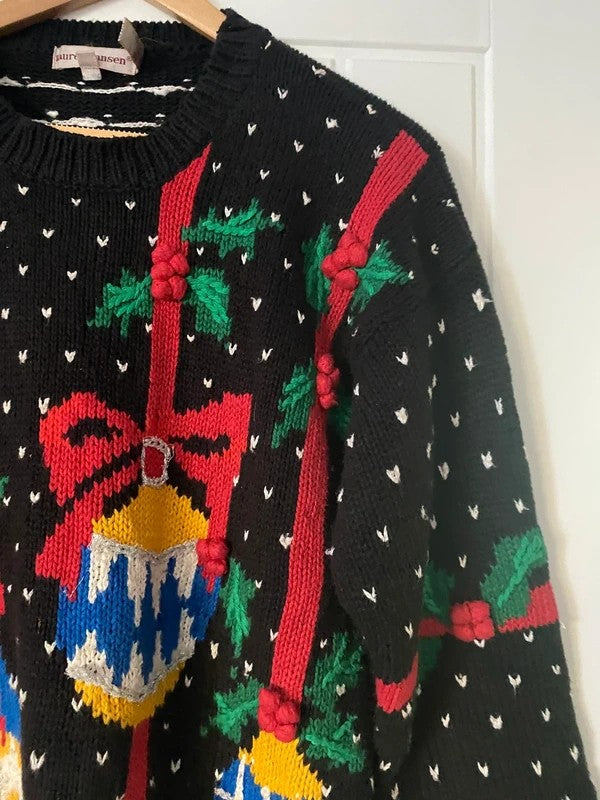 Vintage Lauren Hansen Christmas Jumper Medium 3D Baubles Festive Knit