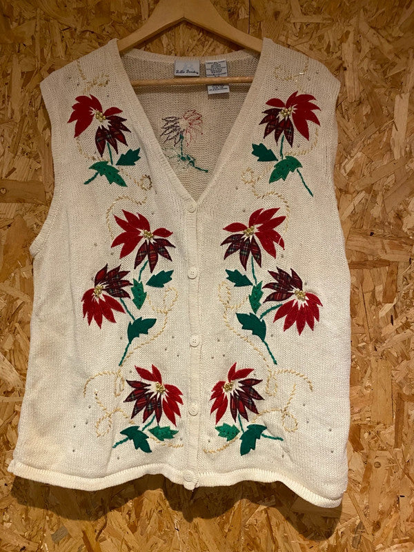 Bobbie Brooks Festive Embroidered Knit Vest Cream with Poinsettias