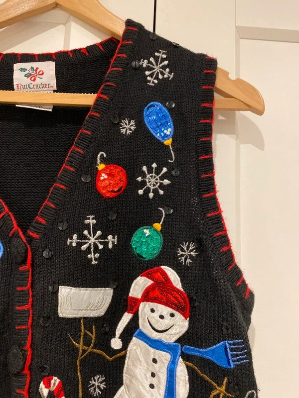 Vintage NutCracker Christmas Snowman Sequin Knitted Waistcoat Vest – Medium