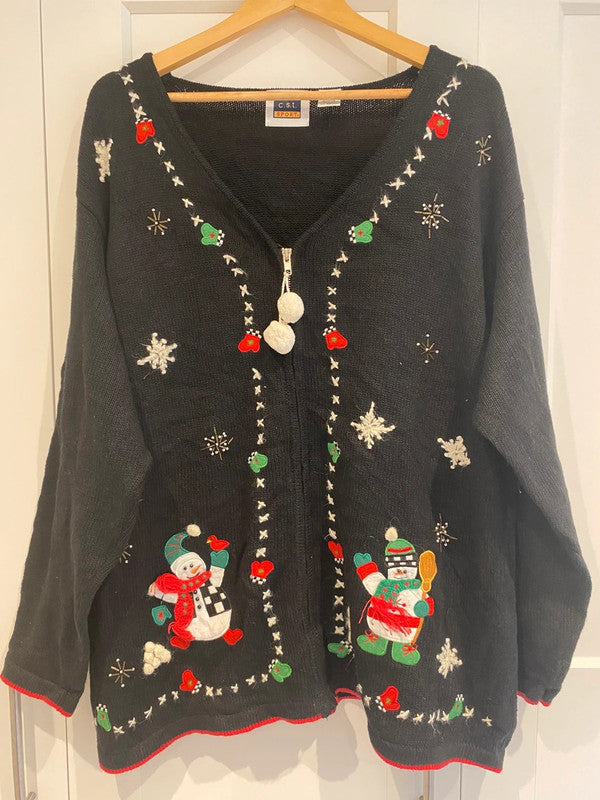 Vintage C.S.T. Sport Christmas Sweater – Snowmen & Mittens – Black – Size 2X