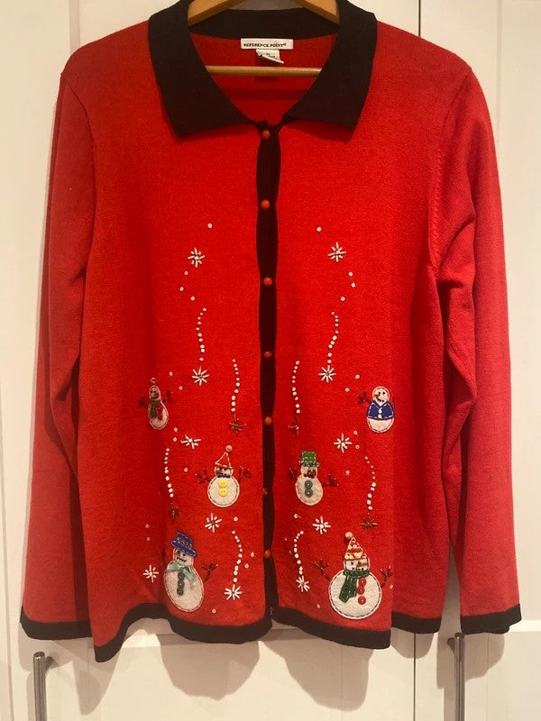 Reference Point Vintage Christmas Cardigan XL Red Snowman Beaded Festive Jumper