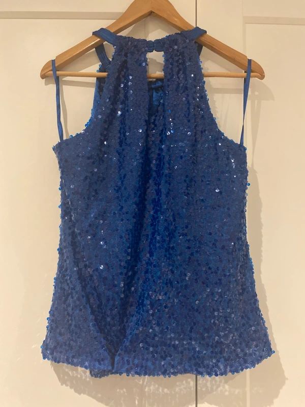 Tahari Blue Sequin Halter Top Party Evening UK 10