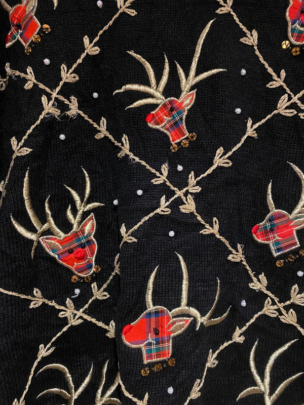 Victoria Harbour Vintage Christmas Jumper – Black Tartan Reindeer (XL)