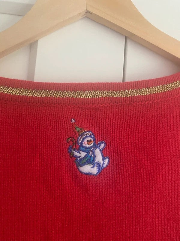 Vintage Christmas Jumper Waistcoat Cardigan Red Snowman Tree L/XL UK 16