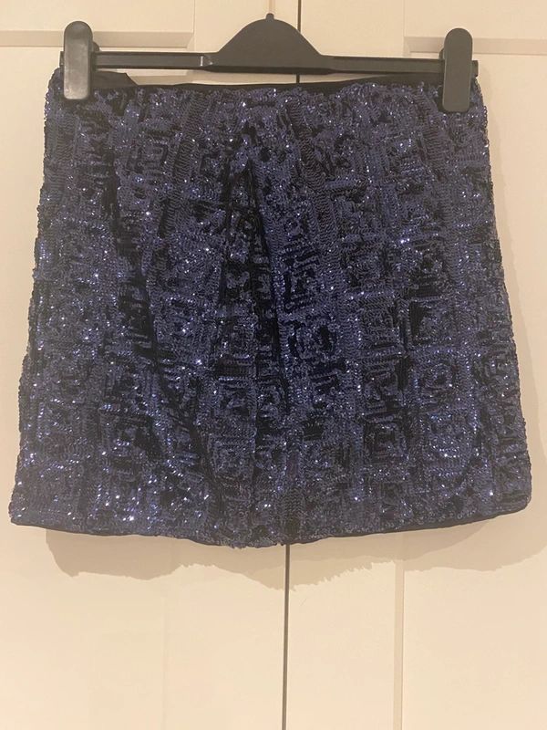 Navy Sequin Mini Skirt Geometric Pattern Party Festival Skirt UK 10