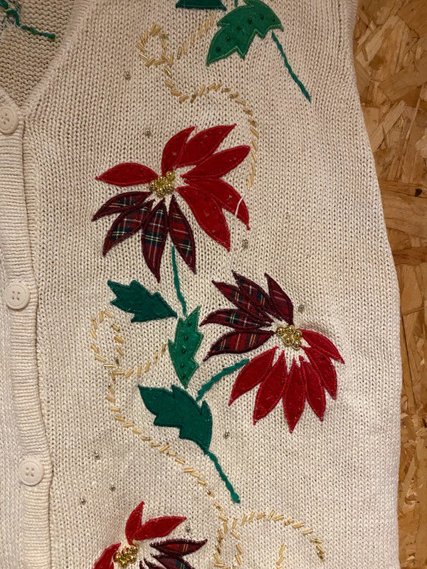 Bobbie Brooks Festive Embroidered Knit Vest Cream with Poinsettias