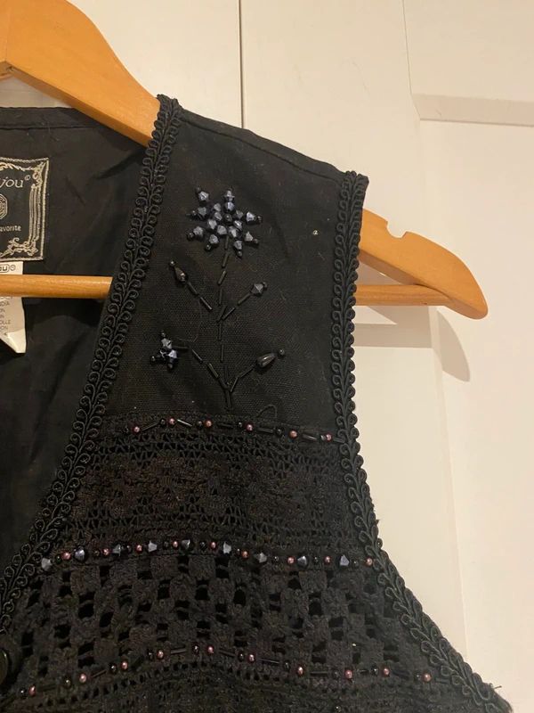 Vintage JouJou Black Beaded Crochet Waistcoat Boho Festival Vest UK 8
