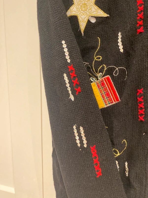 Vintage Christmas Cardigan Black Embroidered Holiday Jumper UK 16