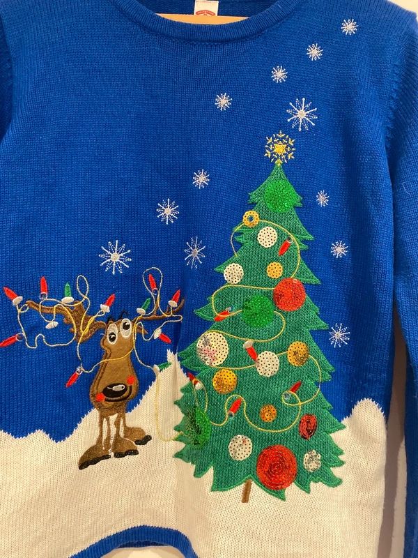 Blue Christmas Jumper Reindeer Tree Sequin Festive Knit UK 12–14
