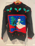 Vintage Christmas Jumper Snowman Scene Black Festive Retro Medium