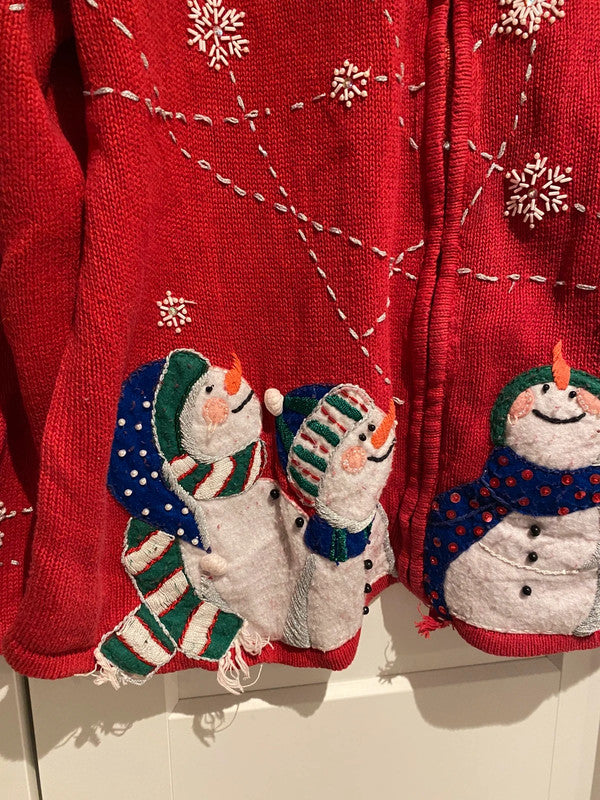 Carolina Colours Red Beaded Snowman Christmas Cardigan – XL