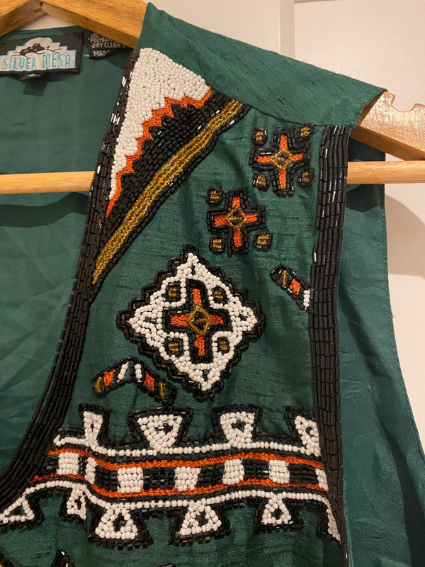 Vintage Silver Mesa Beaded Embellished Waistcoat Vest Green Size L