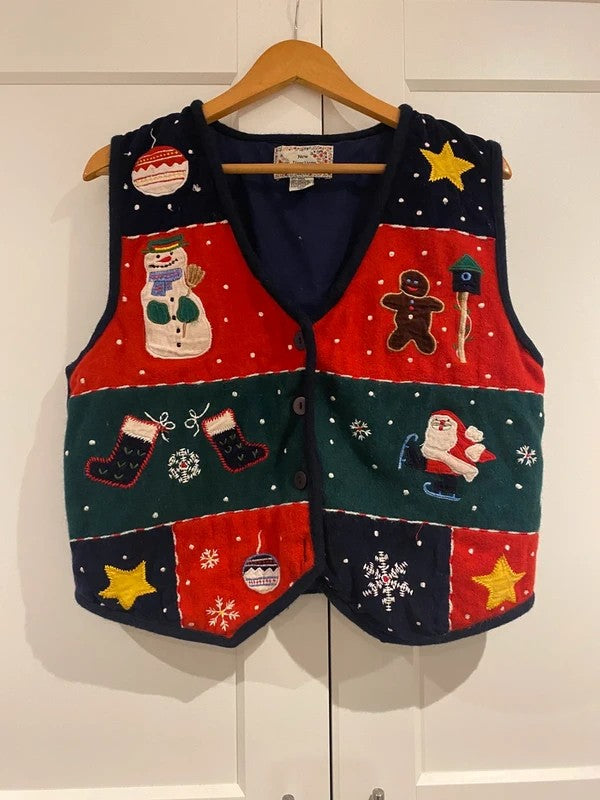 Vintage New Directions Christmas Waistcoat Size L Wool Blend Festive Vest