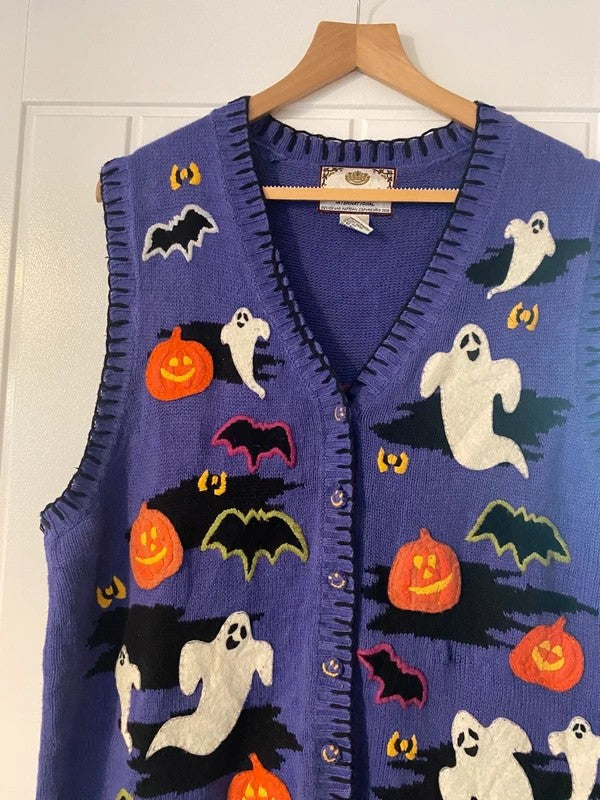 Vintage 2000 Tiara Halloween Knitted Waistcoat XL Ghost Pumpkin Bat Y2K