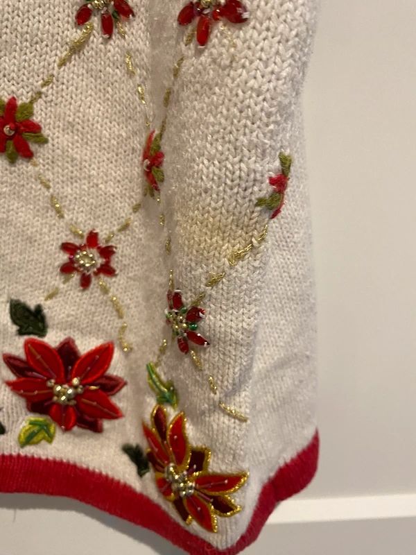 Vintage White Stag Embellished Christmas Knit Vest – Floral Beaded Cardigan – Plus Size 22/24