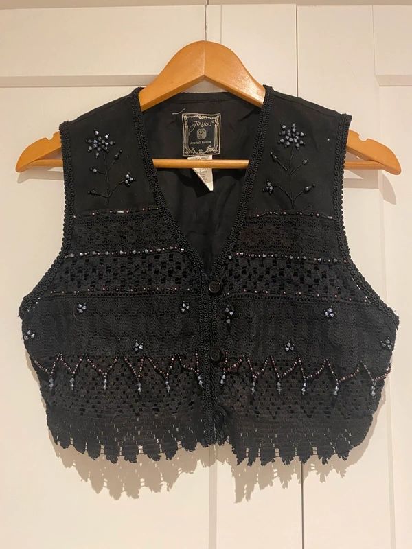 Vintage JouJou Black Beaded Crochet Waistcoat Boho Festival Vest UK 8